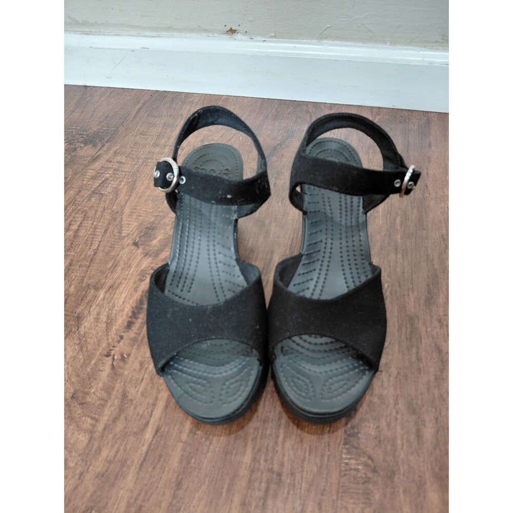 Crocs Leigh II Sandals Women's 9 Black Ankle Strap Buckle Comfort Wedge Shoes - Picture 8 of 8